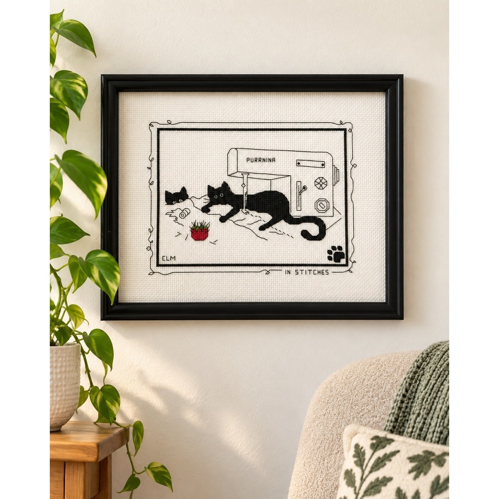 Vintage Purrnina In Stitches Black Cat Sewing Cross Stitch Framed Wall Art 2002